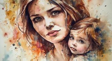 un acuarela dibujo de un un madre y niño juntos, ilustración con generativo ai foto