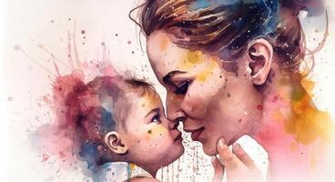 A watercolor drawing of a a mother and child together, illustration with photo