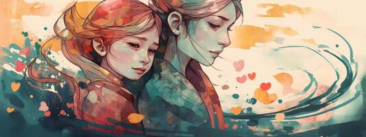 A watercolor drawing of a a mother and child together, illustration with photo