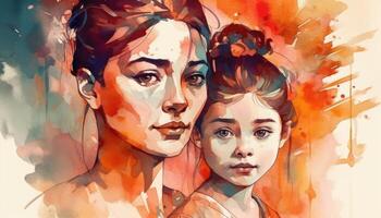 A watercolor drawing of a a mother and child together, illustration with photo