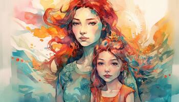 A watercolor drawing of a a mother and child together, illustration with photo