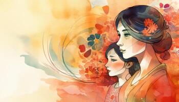 A watercolor drawing of a a mother and child together, illustration with photo