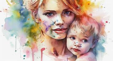 A watercolor drawing of a a mother and child together, illustration with photo