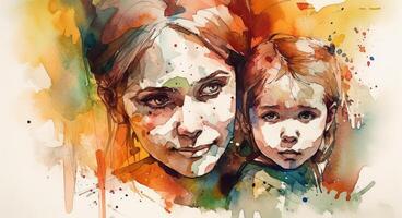 A watercolor drawing of a a mother and child together, illustration with photo