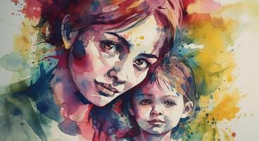 A watercolor drawing of a a mother and child together, illustration with photo