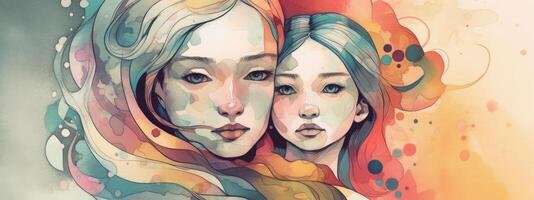 A watercolor drawing of a a mother and child together, illustration with photo