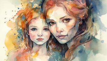 A watercolor drawing of a a mother and child together, illustration with photo