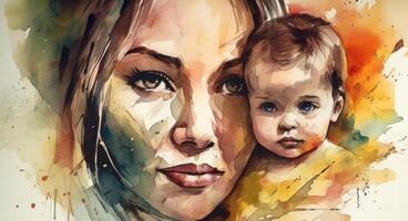 A watercolor drawing of a a mother and child together, illustration with photo