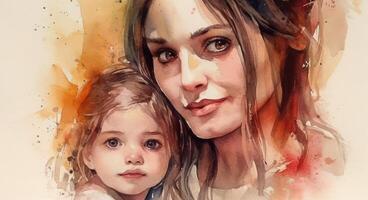 A watercolor drawing of a a mother and child together, illustration with photo