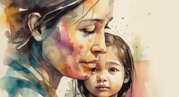 A watercolor drawing of a a mother and child together, illustration with photo