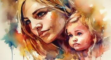 A watercolor drawing of a a mother and child together, illustration with photo