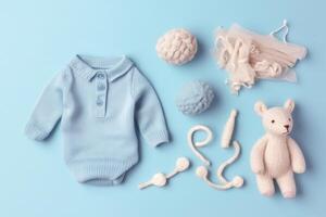 Baby accessories concept. Top view photo of baby clothes with empty space on isolated pastel background.