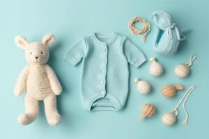 Baby accessories concept. Top view photo of baby clothes with empty space on isolated pastel background.