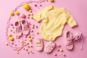 Baby accessories concept. Top view photo of baby clothes with empty space on isolated pastel background.