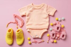 bebé accesorios concepto. parte superior ver foto de bebé ropa con vacío espacio en aislado pastel antecedentes. generativo ai