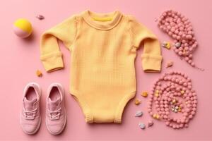 Baby accessories concept. Top view photo of baby clothes with empty space on isolated pastel background.