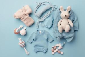 Baby accessories concept. Top view photo of baby clothes with empty space on isolated pastel background.