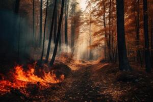 Forest fire with trees on fire photo with