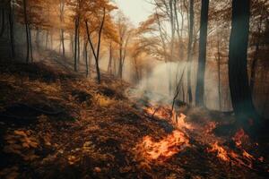 Forest fire with trees on fire photo with