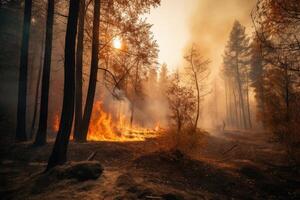 Forest fire with trees on fire photo with