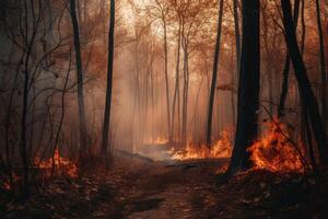 Forest fire with trees on fire photo with