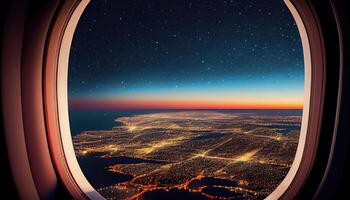 beautiful sky view from a window plane on a flight to travel with navy blue sky and clouds background. photo