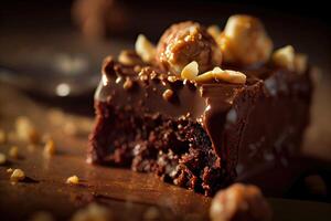 A stack of chocolate brownies on white background, homemade bakery, and dessert. Bakery, confectionery concept. Chocolate spongy brownie cakes with walnuts. Generative Ai. photo