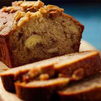 Homemade banana bread on wooden background. Banana Bread Nut Loaf. banana bread loaf that is sliced into with one slice in front. photo