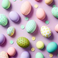 Top view photo of easter decorations multicolored easter eggs on isolated pastel background. Colorful Easter Egg bottom border over a pastel paper banner background. i