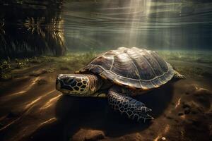 Beautiful Underwater Postcard. Maldivian Sea Turtle Floating Up And Over Coral reef. Loggerhead in wild nature habitat. . photo