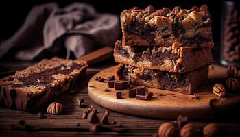 Pieces of American homemade sliced banana bread with chopped walnuts, chocolate, and cinnamon. Stack of pieces of bread. Breakfast concept. photo