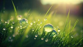 Green meadow under blue sky with clouds. spring grass background. Nature green grass with bokeh background.. photo