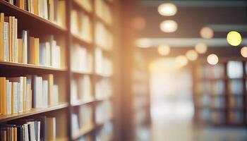 Abstract blurred public library interior space. blurry room with bookshelves by defocused effect. use for background or backdrop in Abstract blurred publicbusiness or education concepts. photo