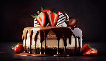 Chocolate cake with chocolate drips on a black background. Layered cake with milk, black and white chocolate souffle decorated with strawberries on top with copy space. photo