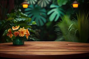 wooden table background for Empty show for packaging product presentation. Background for cosmetic products, the scene with green leaves. . photo