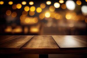 image of wooden table in front of abstract blurred background of resturant lights. Wood table top on blur of lighting in night cafe,restaurant background. selective focus. photo