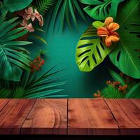 wooden table background for Empty show for packaging product presentation. Background for cosmetic products, the scene with green leaves. . photo