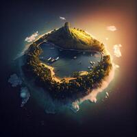 Aerial drone top view photo of small exotic atoll island with deep turquoise and emerald open ocean sea. Drone Photo of Beautiful view of floating island top view.