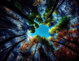 ángulo bajo ver de arboles en el bosque. ver de azul cielo mediante verde copas de los árboles, primavera temporada fondo, bajo ángulo vista. generativo ai. foto