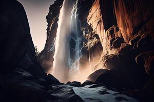close-up view of stream waterfall. Waterfall close-up background. Water falling on the rocks in close up. . photo