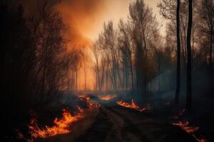 Forest fire with trees on fire photo with