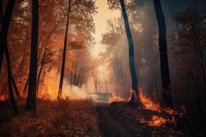 Forest fire with trees on fire photo with