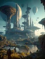 Exoplanet fantastic landscape. Beautiful views of the mountains and sky with unexplored planets. . photo