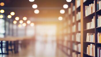 Abstract blurred public library interior space. blurry room with bookshelves by defocused effect. use for background or backdrop in Abstract blurred publicbusiness or education concepts. photo