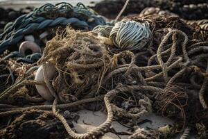 derramado basura en el playa de el grande ciudad. vacío usado sucio el plastico botellas sucio mar arenoso apuntalar el negro mar. ambiental contaminación. ecológico problema. generativo ai. foto