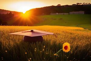 graduation cap, hat with a beautiful view. abstract landscape background Empty ready for your product display or montage. photo