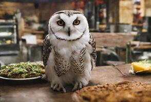 A snowy owl sits on a table next to a plate of food. photo