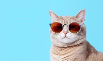 Portrait of funny cat wearing sunglasses on blue background photo