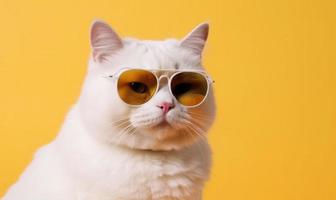 Portrait of funny cat wearing sunglasses on yellow background photo