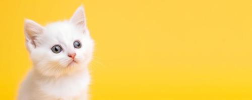 Cute White Kitten isolated on Yellow Background photo